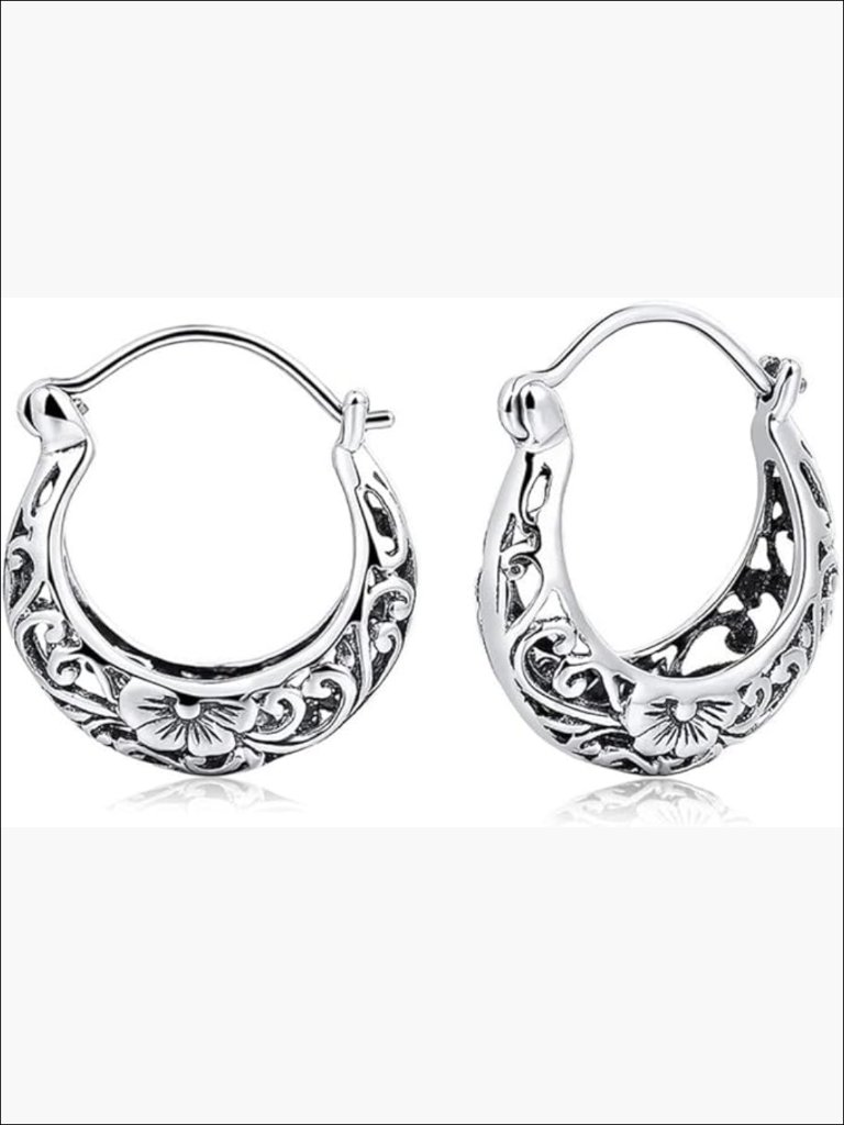 925 Sterling Silver Vintage Filigree Flower Hoop Earrings Dainty Gold Plated
